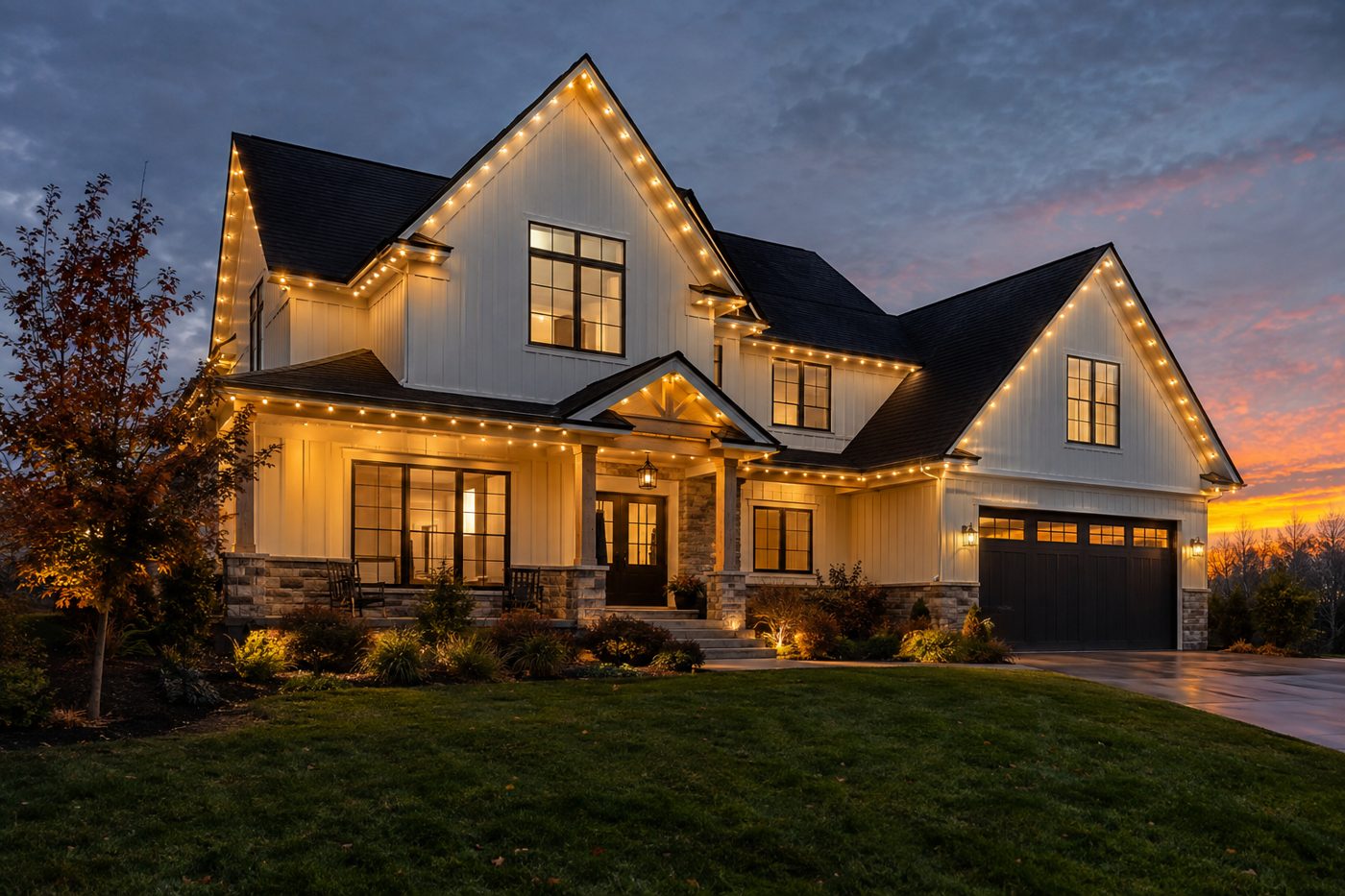 Home lit with permanent roofline lighting