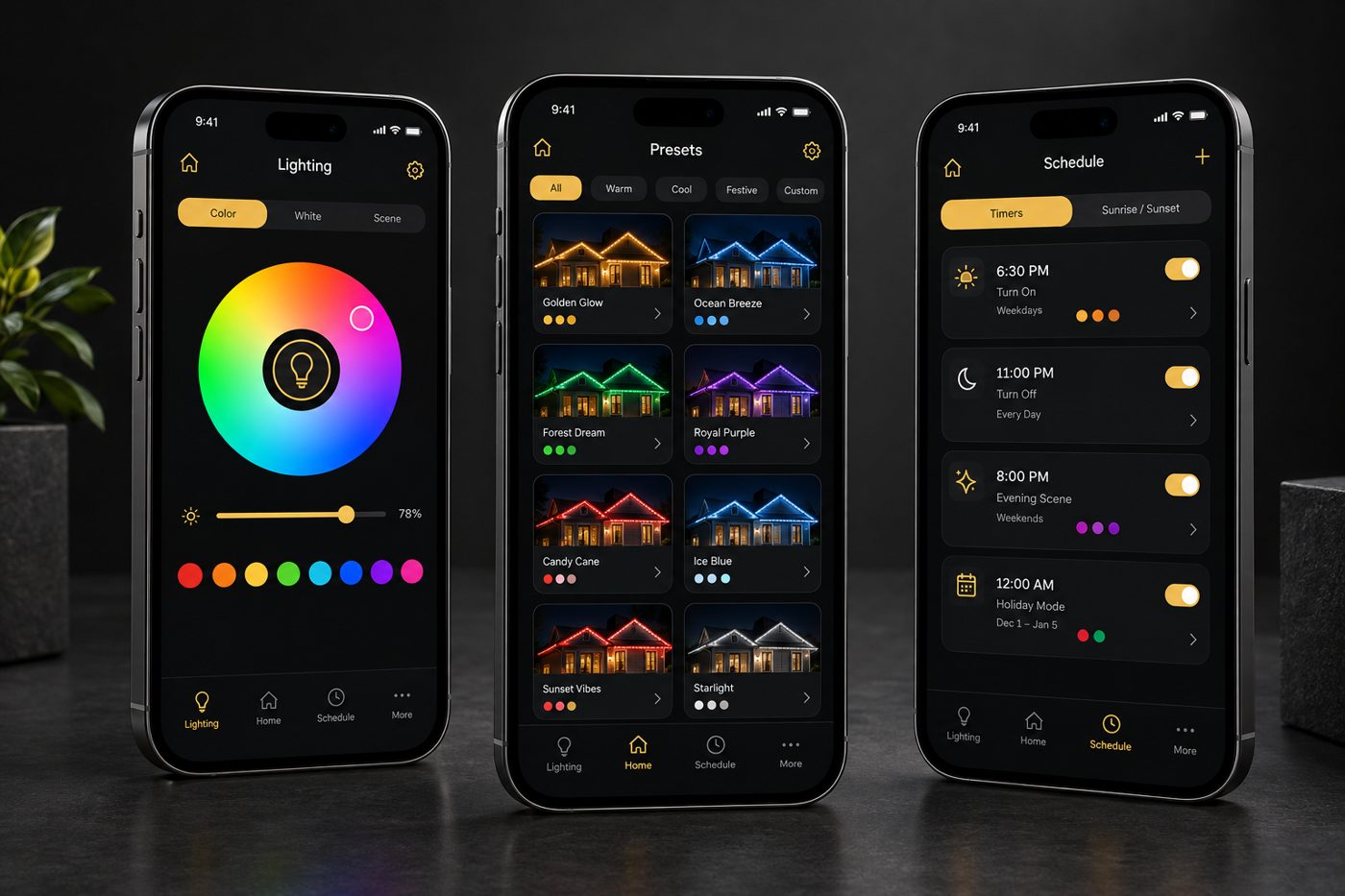 The smart lighting app on three phones